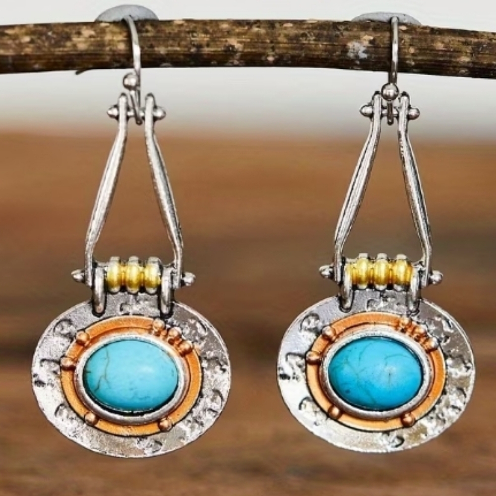 Turquoise Silvertone Dangle Earrings - image 2